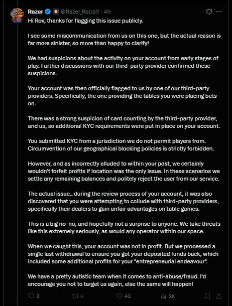Dollartree_1's tweet photo. I would have commented on @Razer_Rollbit's post, but he has me blocked.

These are some BIG claims to make and with 250k on the line.. I think some proof is necessary

"Attempting to collude" can mean a lot of things.. Was he joking at the table and saying "Fix the deck for me dawg" or was he making backroom deals?

What Razer is saying might be true here.. but with Rollbit's reputation.. i don't think that asking for some evidence is unwarrented