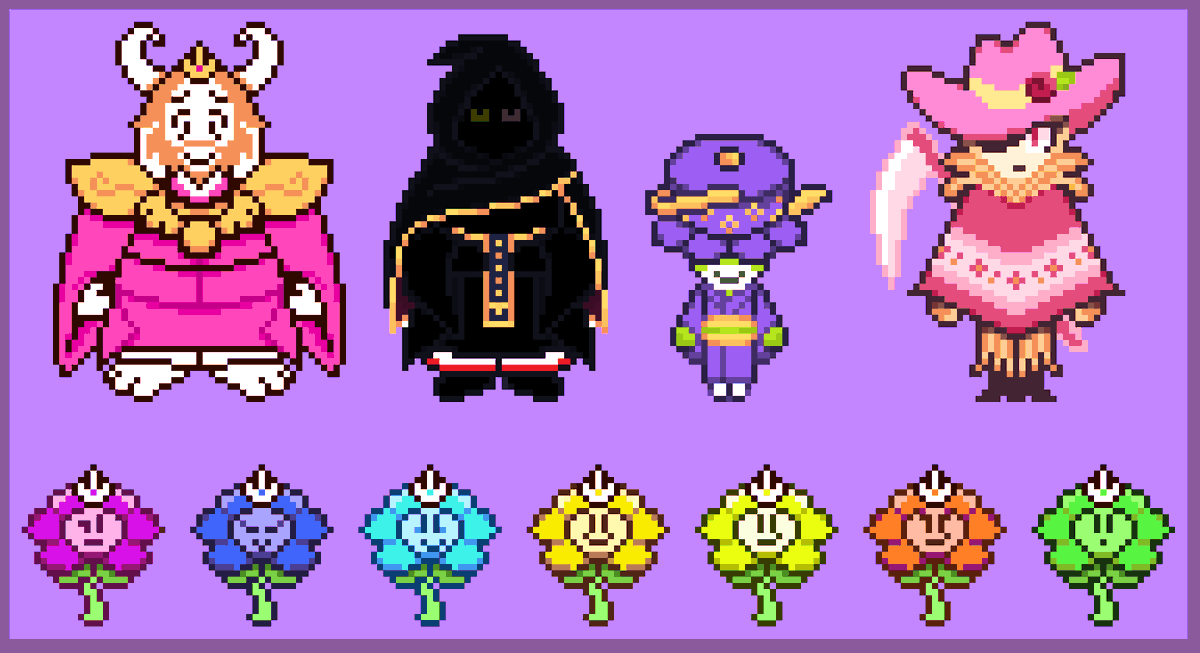 VaporBabe2023's tweet photo. Now that Ch5 is very soon, I updated the designs to match the Darkworld's theme.
So here's a thread explaining each character (both familiar and new) with their respective designs/sprites featuring the og designs from my version of Ch5!!^^ - 1/7🧵 https://t.co/GNYoYSj5cN