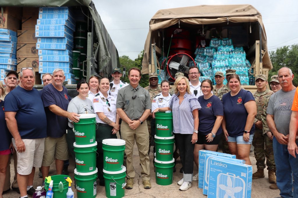 LAGovJeffLandry's tweet photo. I spent the day in Moreauville and Plaucheville hearing directly from residents about their greatest needs since Tropical Storm Arthur. 

I was proud to be joined by the First Lady whose foundation, Love One Louisiana, in partnership with Stine Home & Yard donated supplies to those affected. 

I want the people of Avoyelles Parish to know that we will be with you every step of the way!