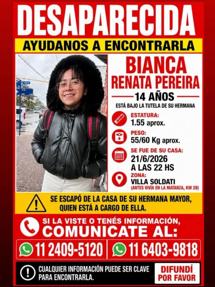 adarojo's tweet photo. Difundimos para encontrar a 
Bianca Renata Pereira - 14 años 
Zona Villa Solidati. 

Si la viste o tenés información comunícate al 11 2409-5120 o al 11 6403-9818 https://t.co/zNPPNR8jBZ