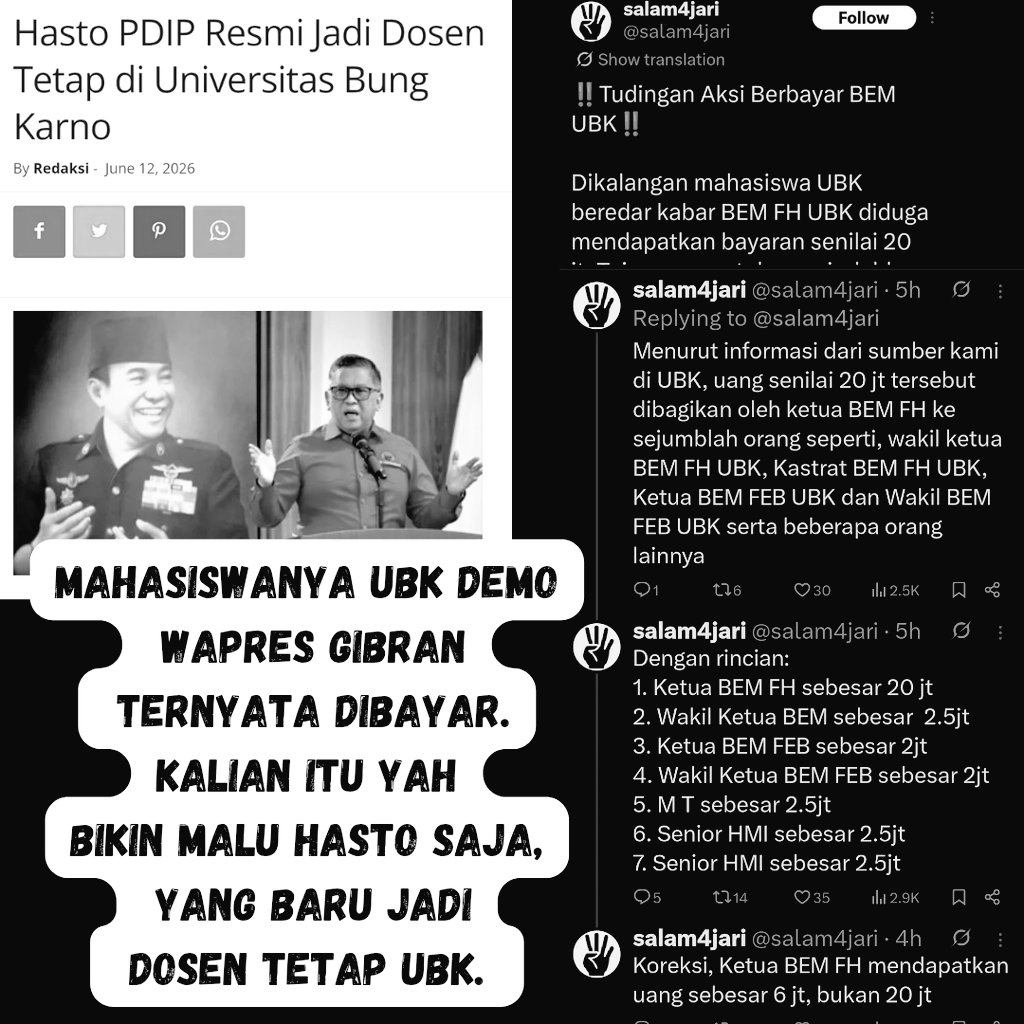 tekarok007's tweet photo. Kok? Mahasewa para rame-rame pada spill ratecard bayaran demonya.
‣ Ternyata Mahasewa itu FAKTA bukan cuma rumor.

Sekelas Ketua BEM UBK ratecardnya:
‣ Rp 6 jt, total 20 jt.
Kira-kira Ketua BEM UI dan UGM, rate card-nya berapa yah?
Pasti lebih mahal yah.

Ironisnya itu, padahal Hasto dari PDI-P baru ditetapkan:
‣ Jadi Dosen tetap di UBK loh.

Demo itu gak usah FOMO, petinggi BEM-nya duitnya gacor.

Sedang kalian?
Dapat gas air mata, sampai kepala bocor.

Stop jadi Mahasewa yah dek, cari duit yang halal saja.