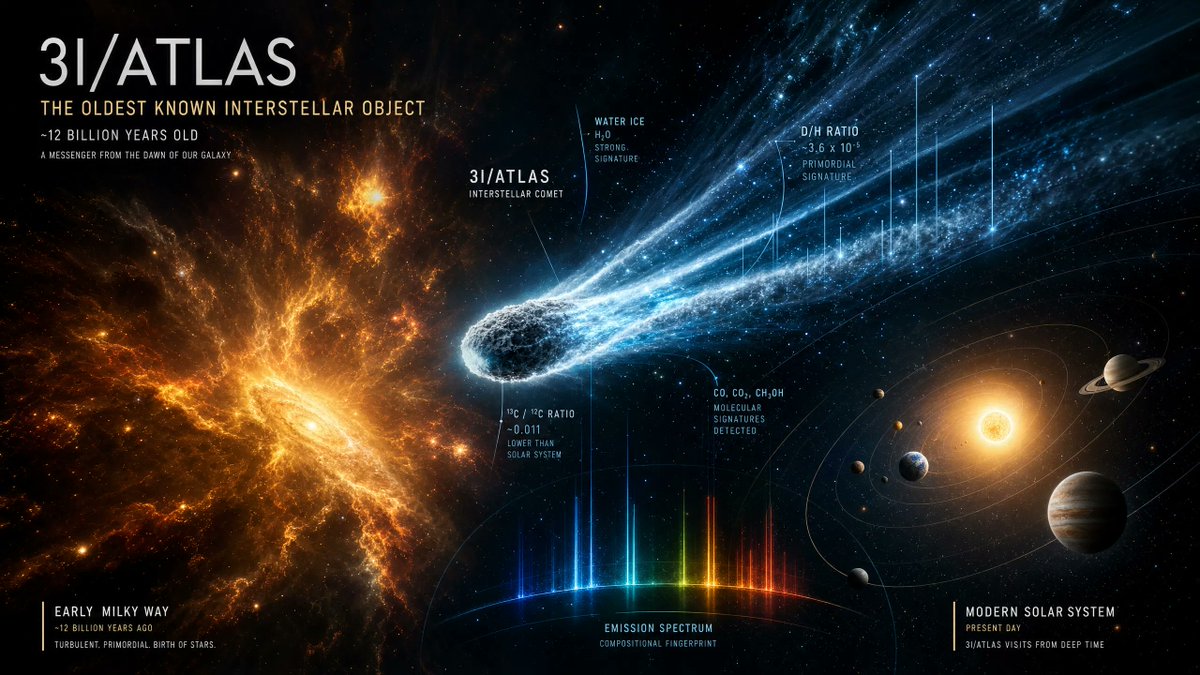 SpaceToday1's tweet photo. ☄️ Um pedaço de gelo mais velho que o Sol bateu à nossa porta. 

O James Webb mediu a água e o carbono do interestelar 3I/ATLAS e encontrou algo que NENHUM corpo do sistema solar tem: deutério 30× acima da média dos cometas e um carbono que aponta para um nascimento há ~12 bilhões de anos. 

Arqueologia galáctica em tempo real. 🔭

POST NOVO NO BLOG!!!

Gelo mais antigo que o Sol: o 3I/ATLAS guarda a química de um mundo de 12 bilhões de anos - https://t.co/REKGleHn8D

#3IATLAS #JamesWebb #Astronomia #InterstellarObject #ALMA