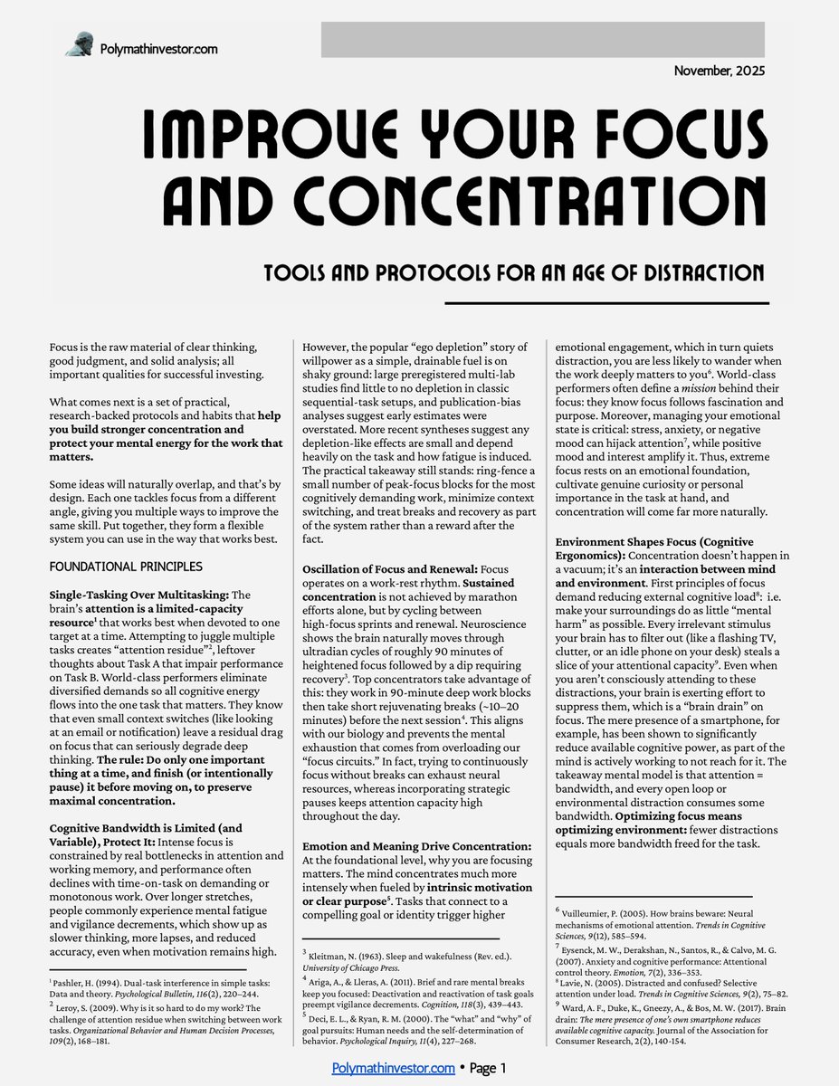 polymathinvest1's tweet photo. Focus is the raw material of clear thinking, good judgment, and better decisions.

Especially in investing.

So I’m sharing something I put together last year: a collection of best practices for improving focus and concentration.
(1/6)