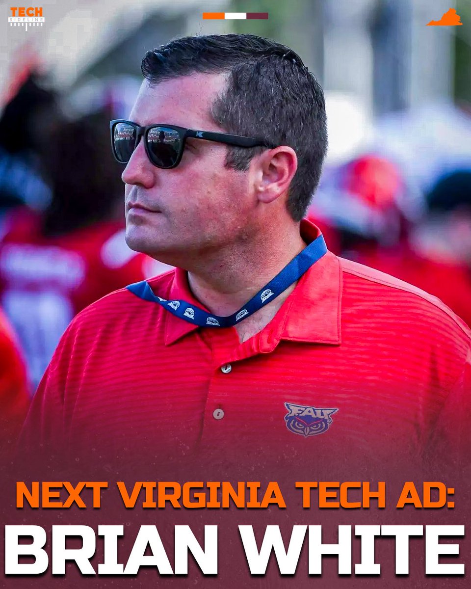 TechSideline's tweet photo. BREAKING: The #Hokies announce their 12th athletic director in school history, Brian White!

The former Florida Atlantic athletic director led the owls for the past eight years. 

📸- Florida Atlantic Athletics https://t.co/vXIOdl7khM