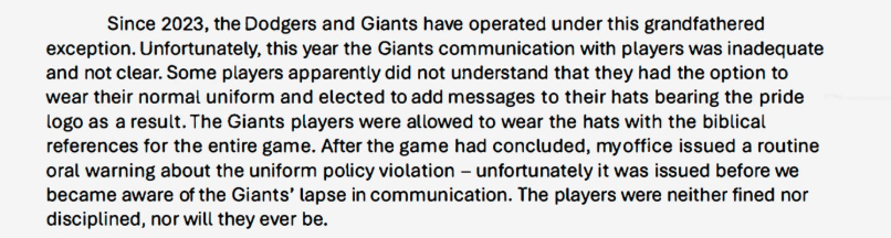 Deer3456's tweet photo. @susanslusser @annkillion @sfchronicle I think this is newsworthy -- below is an except from Manfred's response letter to Senator Hawley about the Pride incident.  Manfred says the Giants communication about the issue was "inadequate" and that they had a "lapse in communication." https://t.co/mvNlUYfJhR