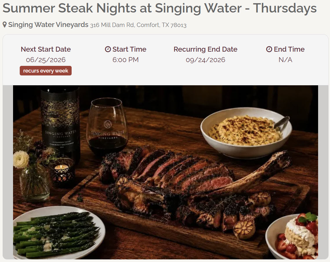 TXWineLover's tweet photo. Looking for a unique dinner in the Hill Country? Spend Thursday evening at @SingingWater_TX enjoying a steak dinner under the stars. Find member events like these on the Texas Wine Lover website Guide &amp; mobile app!
https://t.co/xGeDbIoQFC
https://t.co/iXD3LA8kln
#txwine https://t.co/PHMnqki8vN