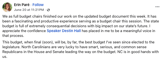 NCHouseDems's tweet photo. What @ErinforNC fails to mention is that this budget is nearly a year late.

As budget chair, she helped lead a process that left North Carolina as the only state in the country without a new budget in 2025.

That's not smart. It's not serious. And it certainly isn't common sense. #ncpol