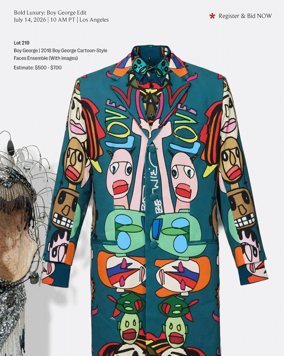 JuliensAuctions's tweet photo. Long before fashion embraced maximalism, Boy George transformed self-expression into a form of wearable art. Through sculptural hats, vivid color, and a fearless approach to dressing, he blurred the line between fashion, performance, and creative identity.

Spanning four decades of cultural influence, "Bold Luxury: Boy George Edit" unites avant-garde fashion, music memorabilia, and art.

Proceeds will benefit MusiCares®, underscoring a legacy shaped as much by creative expression as by cultural impact.

Join us for the live auction July 14th in Los Angeles and online.

Register & Bid
https://t.co/lgXiiAqyvU

#JuliensAuctions #BoldLuxury #BoyGeorge #CultureClub #Fashion #Vintage