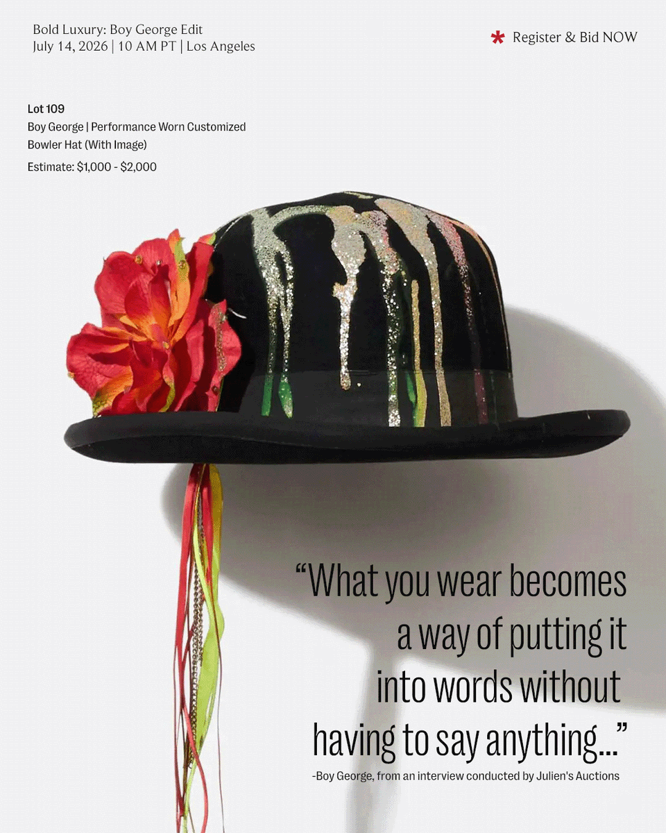 JuliensAuctions's tweet photo. Long before fashion embraced maximalism, Boy George transformed self-expression into a form of wearable art. Through sculptural hats, vivid color, and a fearless approach to dressing, he blurred the line between fashion, performance, and creative identity.

Spanning four decades of cultural influence, "Bold Luxury: Boy George Edit" unites avant-garde fashion, music memorabilia, and art.

Proceeds will benefit MusiCares®, underscoring a legacy shaped as much by creative expression as by cultural impact.

Join us for the live auction July 14th in Los Angeles and online.

Register & Bid
https://t.co/lgXiiAqyvU

#JuliensAuctions #BoldLuxury #BoyGeorge #CultureClub #Fashion #Vintage