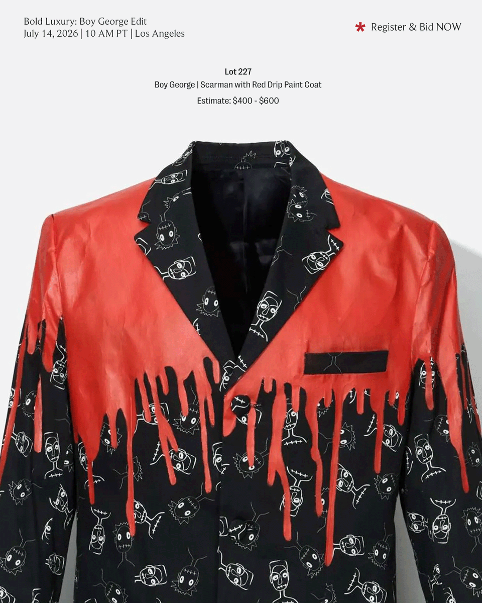 JuliensAuctions's tweet photo. Long before fashion embraced maximalism, Boy George transformed self-expression into a form of wearable art. Through sculptural hats, vivid color, and a fearless approach to dressing, he blurred the line between fashion, performance, and creative identity.

Spanning four decades of cultural influence, "Bold Luxury: Boy George Edit" unites avant-garde fashion, music memorabilia, and art.

Proceeds will benefit MusiCares®, underscoring a legacy shaped as much by creative expression as by cultural impact.

Join us for the live auction July 14th in Los Angeles and online.

Register & Bid
https://t.co/lgXiiAqyvU

#JuliensAuctions #BoldLuxury #BoyGeorge #CultureClub #Fashion #Vintage