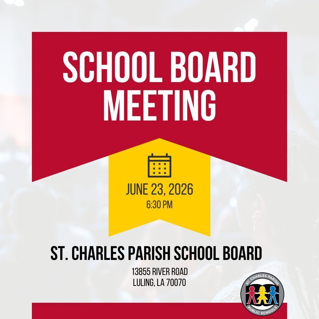 SCPPS's tweet photo. The mission of St. Charles Parish Public Schools is to develop empathetic, involved, productive, and responsible citizens by providing every student high-quality educational opportunities that empower each to become enthusiastic life-long learners. 

St. Charles Parish School Board Meeting
📅  Tuesday, June 23, 2026
🕠  6:30 p.m.
📍  13855 River Road, Luling, LA 70070 

The agenda is available at https://t.co/EnWWvK1DRL.

Watch the board meeting live at https://t.co/y0Fa4n2PoP.

#YouAndIWeAreSCPPS 
#YouBelongHere📍