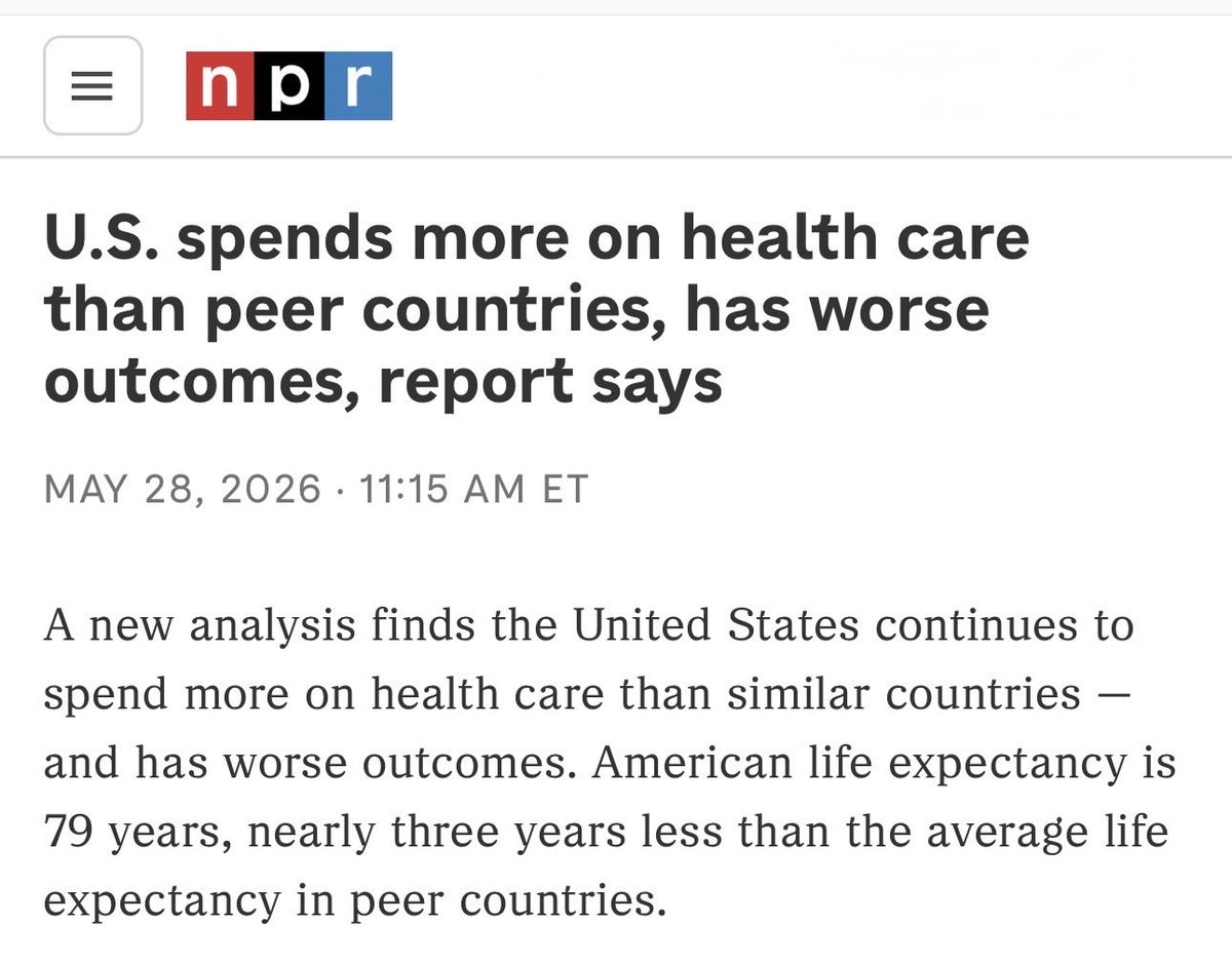 ProudSocialist's tweet photo. The US does not have the best healthcare system in the world. It pays more for worse outcomes and lower life expectancy than peer countries with universal healthcare. The only reason the US still has for-profit healthcare is that both parties are owned by big insurance companies. https://t.co/jtPT06Oirv