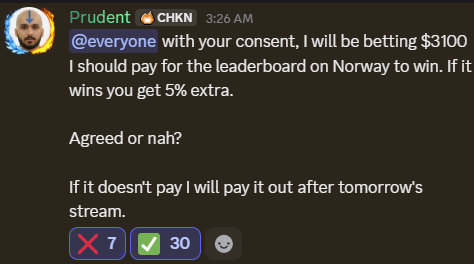 prudentgambles's tweet photo. I am gambling my weekly leaderboard. Had to pay it 8 hours ago. I truly apologize I asked my community and 68% agreed. If it hits, I will give them 5% extra, if it doesn't I will find a way to pay it out ASAP. It's a win win. 

I am betting it all on Norway. All I need is prayers.

I don't do loan gambling and this is not a loan. It is my leaderboard, I just delay it a little bit.  

$3100 Raw. I mean it is not raw like that cuz it is leaderboard, but the profit is raw cuz it will compensate me. Just pray.