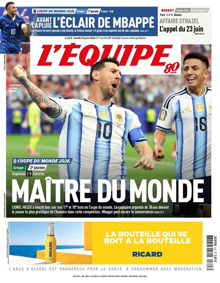 _BeFootball's tweet photo. 🚨 LA UNE DE L'EQUIPE POUR LE PLUS GRAND JOUEUR DE TOUS LES TEMPS ET MEILLEUR BUTEUR DE L'HISTOIRE DE LA COUPE DU MONDE ! 🤩🐐🇦🇷

📸 @lequipe https://t.co/uTAG2BrTZZ