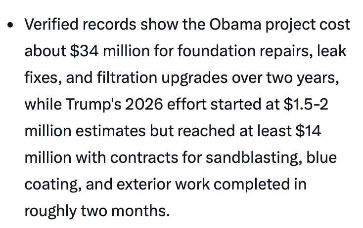 RonMcGihon's tweet photo. @FoxNews Naturally, MAGA believes anything that Trump said even when he is overtly lying. It has been well documented that the Obama project involved a major structural rebuild that cost $34M. It was not as simple as Trump's cleaning with a new lining for $14M that failed. https://t.co/hzUGXtqZY5