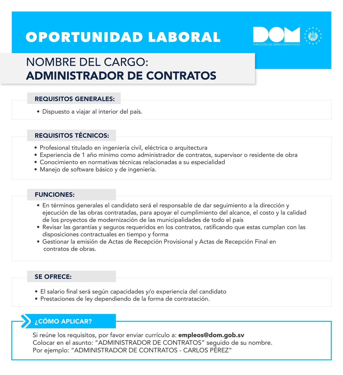 ObraMunicipal's tweet photo. 📋 ¡Estamos contratando!
Buscamos Administrador de Contratos para dar seguimiento y garantizar el cumplimiento de proyectos de infraestructura en todo el país. Si tienes experiencia en gestión de contratos y formación en ingeniería o arquitectura, postúlate hoy.

📩 Envía tu CV a: empleos@dom.gob.sv
#DOM
