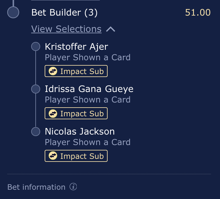MELW888's tweet photo. Norway vs Senegal 🟨:

I had gone early with Moussa Niakhate. Because of how this WC has gone, I really don't mind going late and getting the reduced prices of players on accas. Card volume is low anyways.

Just fun ones. Don't go above 0.1U on the trebles haha. https://t.co/sBXSQY6bUi