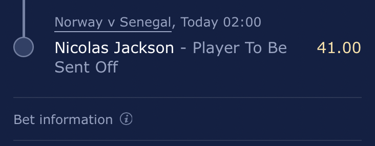 MELW888's tweet photo. Norway vs Senegal 🟨:

I had gone early with Moussa Niakhate. Because of how this WC has gone, I really don't mind going late and getting the reduced prices of players on accas. Card volume is low anyways.

Just fun ones. Don't go above 0.1U on the trebles haha. https://t.co/sBXSQY6bUi