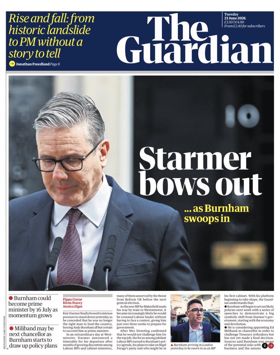 PippaCrerar's tweet photo. Tuesday’s @guardian front page: Starmer bows out… as Burnham swoops in https://t.co/nx7SJ7OvNw https://t.co/OO8MYOxpPH