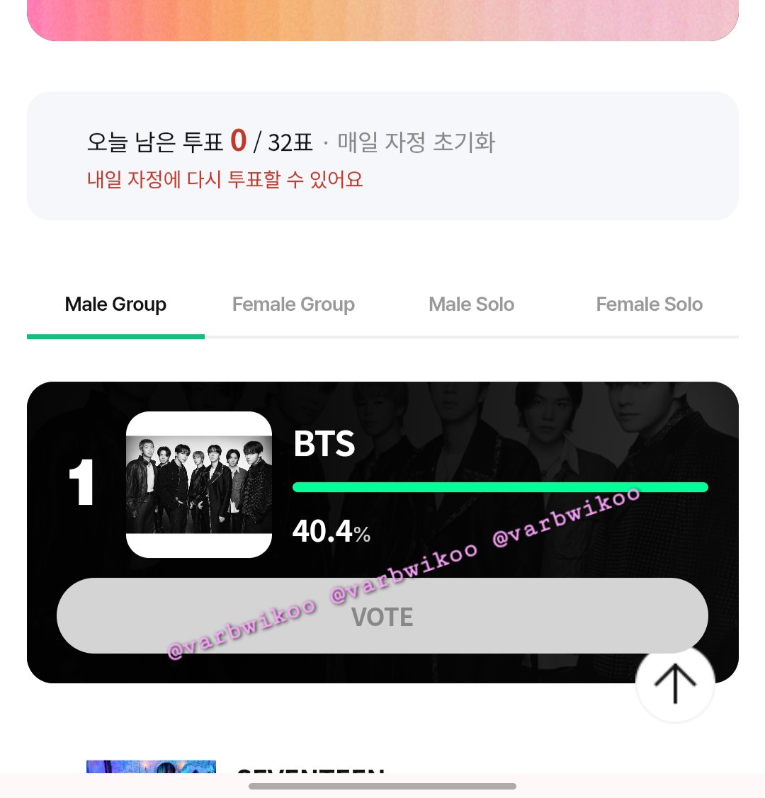 varbwikoo's tweet photo. tannies is currently #1 w. 40.4% of the votes &amp; still counting! ⭐️ voting ends TODAY at exactly 1PM KST, so let's keep pushing and WIDEN THE GAP! 💜

— VOTE FOR BANGTAN 32 TIMES!!

cast your votes now:
https://t.co/YrNW87i1hi https://t.co/2r42BgVlV7