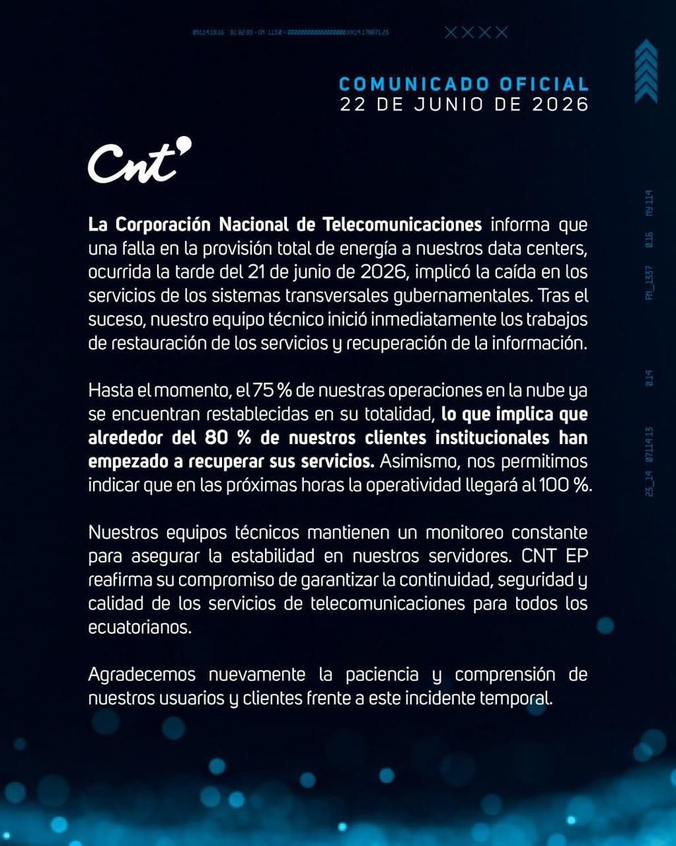 usuariosdigital's tweet photo. #AlertaDigitalEC
Servicios públicos con problemas de acceso desde el domingo (2026-06-21)

⚠️@cntinforma indica que 75% de operaciones en la nube están reestablecidas y el 80% de instituciones ya brindan sus servicios
🚨 Web @Presidencia_Ec✖️ @Telecom_ec✅
https://t.co/nDZGDso89X https://t.co/2hPiqjpNpz