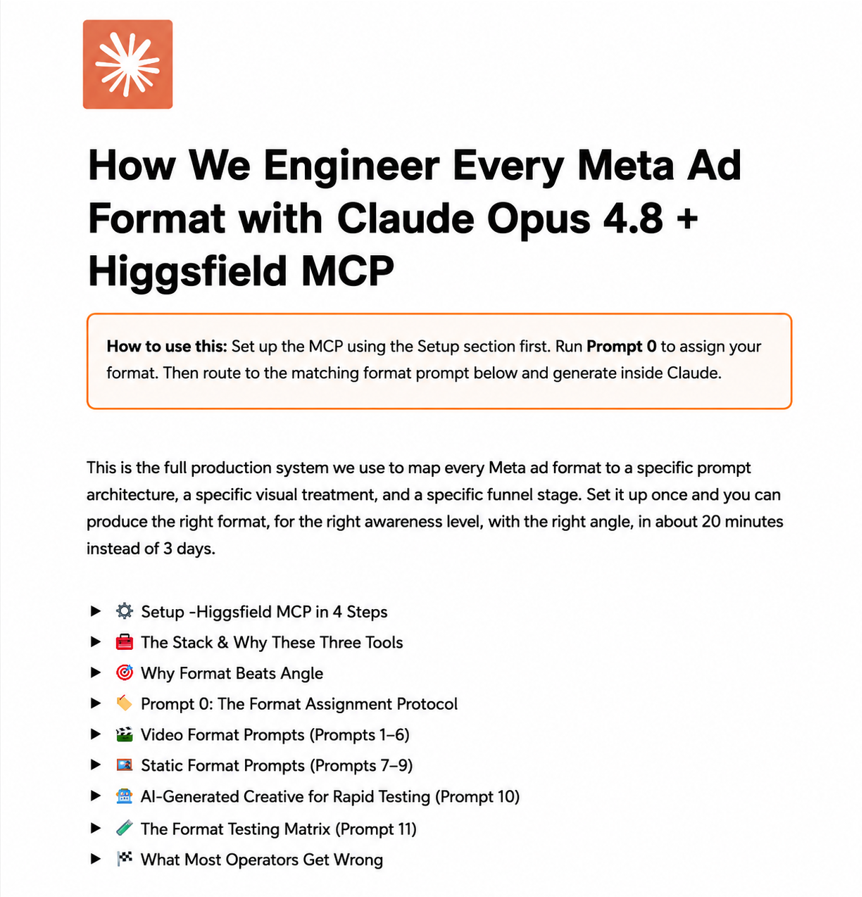zackpaid's tweet photo. after generating $10M+ for clients' service based businesses with meta ads funnels...

i've realized that the #1 thing that kills scaling attempts isn't:

> the targeting
> the offer
> the media buyer

it's not testing ENOUGH ad formats

so i built an entire AI production engine that maps every Meta ad format to a specific prompt architecture (with opus 4.8), a specific visual model (inside Higgsfield MCP), and a specific funnel stage (inside the meta ads API)

here's everything that this system includes:

> the Higgsfield MCP setup
(the exact JSON config block, the file paths for mac and windows, and the one-line command to confirm it's actually connected before you generate a thing)

> the format assignment protocol
(one prompt that tags every brief across 4 points: awareness stage, placement, format family, angle, then routes it to the right format before a word of copy gets written)

> 10 format prompts, one per ad type
(founder selfie, talking head, B-roll w/ voiceover, split-screen, green screen, UGC, data viz, story-native, carousel, AI creative, each with its own word count, structure, and pacing rules baked in)

> the paired visual prompts for every format
(what to feed chatgpt images 2.0 for statics, what to feed seedance 2.0 for motion, exact dimensions per placement, all passed in through the MCP so you never leave Claude)

> which model runs which layer
(opus 4.8 for the script and reasoning, chatgpt images 2.0 for statics, seedance 2.0 for anything that moves, and what breaks when you mix them up)

> the 3-format testing matrix
(how we test every new angle across 3 formats and the exact CTR threshold at 200-300 impressions that decides what scales and what gets cut)

like + comment "FORMATS" and i'll send it over

(must be following + RT for priority access)