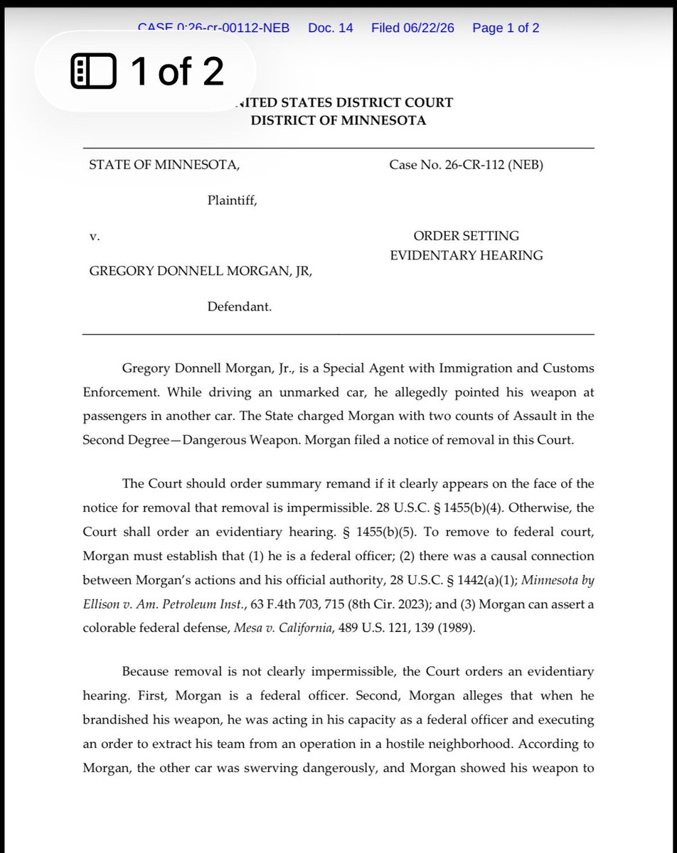 arrestedmn's tweet photo. FOR IMMEDIATE RELEASE
Federal Court Grants Evidentiary Hearing in Case Involving ICE Special Agent Gregory Morgan, our comments below👇 https://t.co/SloBUDBtKh