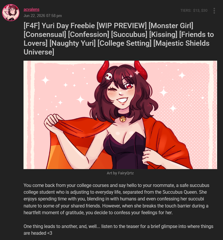 acvalensVT's tweet photo. Interested in a Yuri Day freebie? I have an upcoming F4F audio for the day, with a preview live now for my High Priestess + Patroness subs! Includes the following tags:

[Friends to Lovers]
[Succubus]
[Confession]
[Kissing]
[Naughty Yuri]
[CONSENSUAL!!!] https://t.co/IHrC6kwXdx