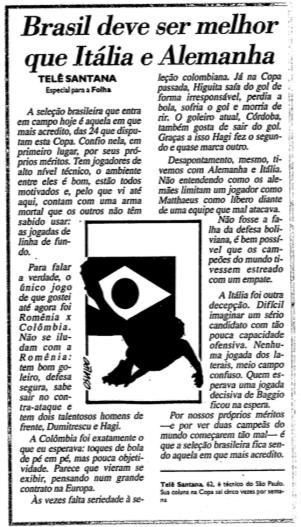 lbertozzi's tweet photo. Em 1994, a Folha de S. Paulo tinha dois colunistas de luxo em sua cobertura: Johan Cruyff e Telê Santana. 

No dia da estreia do Brasil, Cruyff torcia o nariz para a regra dos três pontos por vitória e Telê mostrava confiança na Seleção após as estreias de Itália e Alemanha. https://t.co/thq1Wpjvwf
