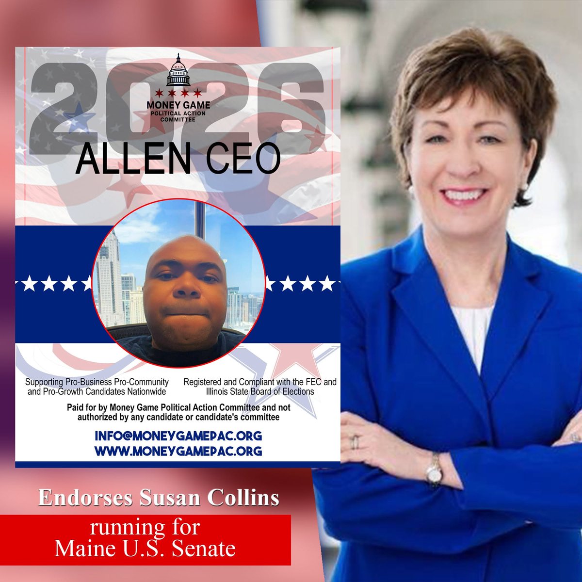 moneygamepac's tweet photo. As a National Political Organization, Money Game Political Action Committee @moneygamepac and its CEO @realAllenWatson would like to announce we are endorsing Susan Collins @SenatorCollins @SenSusanCollins for US Senate representing Maine. https://t.co/NpexXS7Idr