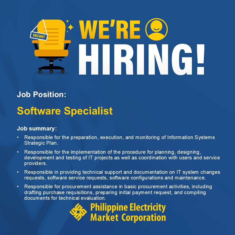 pemcinfo's tweet photo. Join us at PEMC! 

We are hiring People Energized by Mission and Commitment.
 
Send your updated CVs today to hr@wesm.ph. For more details, click on https://t.co/4DOMjBr9QE.
 
#PEMC #PEMCGo #WearePEMC #CareerOpportunity #MarketGovernance #WESMGovernance #WESM https://t.co/HRrNyjHDPu