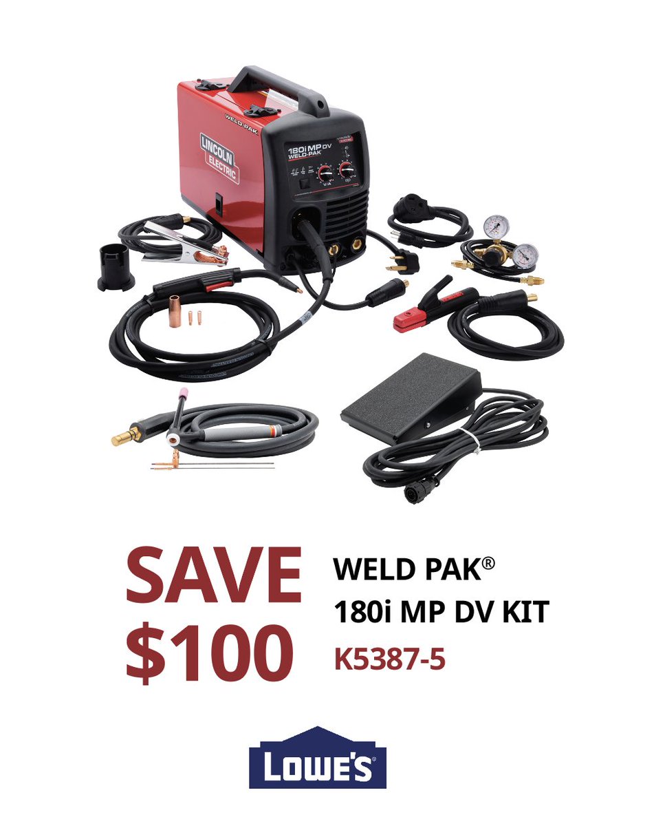 LincolnRetail's tweet photo. MIG. Stick. Flux-Core. TIG. One machine. 34.5 pounds. Plugs into 120V or 230V. The Weld-Pak 180i MP DV handles it all, whether you're a pro or just getting started. And right now, Lowe's has a deal you don't want to sleep on. Go. Now. 

#LincolnElectricRetail #WeldRed #WeldRedNation