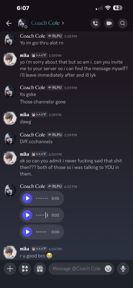 duskiro_'s tweet photo. @maiipaii @mythmakernami this is the ONLY thing i’m going to add. cole is the person i was messaging in both of the fake screenshots. i specifically remember these conversations because we were duo for quite some time. he confirmed i never said the n word in his server OR dms. 

leave me the fuck alone. https://t.co/FoSAJGtrp3