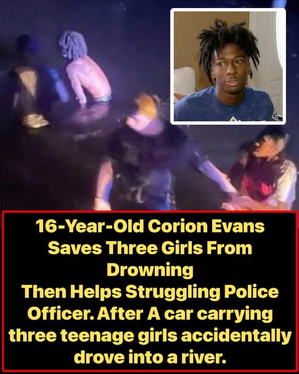 janninereid1's tweet photo. SUCH A GREAT STORY! 👇❤️🇺🇸
A 16 yr old boy named Corion Evans saves 3 girls from drowning.... Then helps struggling police officer.🙏

A car carrying 3 teenage girls accidentally drove into a river. Without hesitation, 16 yr old Corion Evans jumped into the water, swam to the sinking vehicle, and pulled all 3 girls to safety.

One of the girls later said Corion saved her life “right before my last breath.”
After getting the girls to shore, Corion noticed a police officer struggling in the water during the rescue and immediately went back in to help him as well. 🙏🙏

In total, the quick thinking teenager saved four lives that day through pure instinct and bravery.

A true hero.

Source: Terrence K Williams