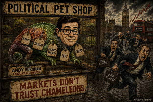 steve_hanke's tweet photo. #UKWatch🇬🇧: Britain's CHAMELEON, Andy Burnham, is now the favorite to replace "NEVER HERE KEIR" (Starmer).
Six out of ten fund managers surveyed by the FT said Burnham would be a DISASTER for the bond markets.
THE BOND VIGILANTES DON'T TRUST CHAMELEONS. https://t.co/ERcZlG0CnE