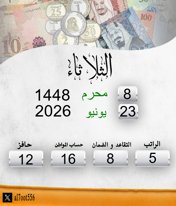 al7oot556's tweet photo. تاريخ اليوم الثلاثاء الموافق: 8/1/1448 
موعد إيداع الراتب الاحد الموافق: 13/1/1448 
الأيام المتبقية لإيداع الراتب: 5 يوم https://t.co/uCGTq4rFVk