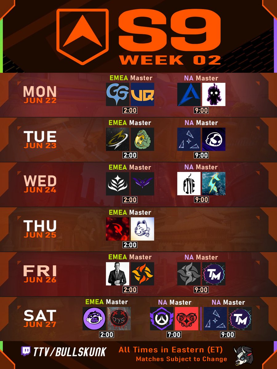 Bullskunk's tweet photo. Here is your stream schedule for Week 02. All Master Division all week long! Dont miss a minute of @FACEIT_OW League S9
⬇️Follow all of our teams
🔴ttv/bullskunk https://t.co/k4xc6LHnNF