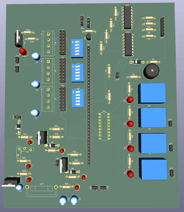 BrahimDev_3d's tweet photo. Custom PCB I designed in KiCad — 3 stepper drivers, 4 relays, optocouplers &amp; dual power rails, all controlled via Raspberry Pi.

Schematic → layout → 3D render. One week.

#PCBDesign #KiCad #EmbeddedSystems https://t.co/Hd8ZxZg92P