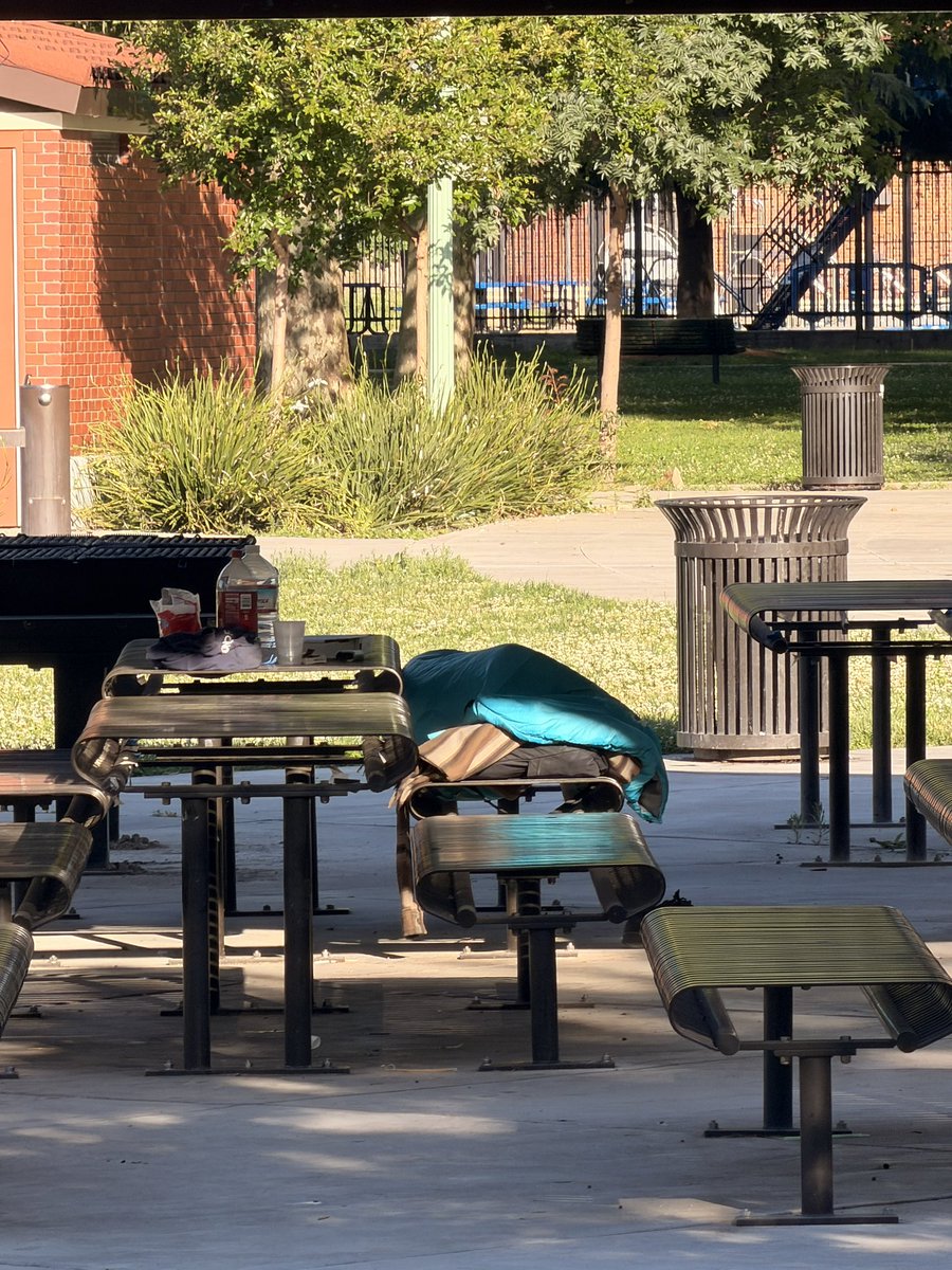 SacWalkSafe's tweet photo. Day 96/100 #ThisIsNotNormal in the home stretch to show the mismanagement and terrible policy of #Sacramento.  Same covered picnic area as yesterday, same junkies taking over public spaces   @MayorMcCarty @pluckebaum @phil4sacramento let it continue. https://t.co/9XE6JCnGK9