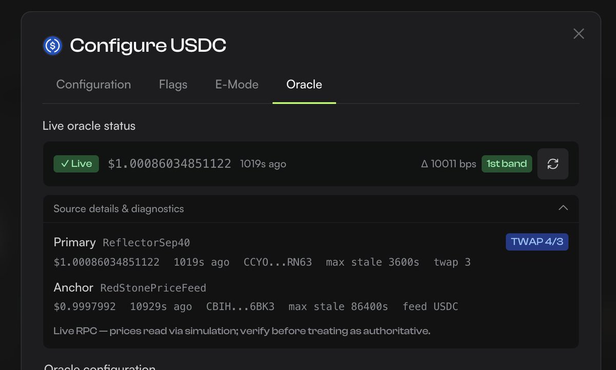mihaieremia's tweet photo. Protocol governance should not move faster than users can react ⚠️

That is the idea behind the upcoming Governance Dashboard for the @XoxnoNetwork lending protocol on @StellarOrg.

Every critical change should be visible, delayed, and reviewable before it touches user funds.

As we prepare mainnet deployment for a new DeFi lending architecture on @BuildOnStellar, one of the core security layers is now in place:

A timelock governance contract that owns the protocol and controls change powers for security parameters, oracle configuration, and critical protocol actions.

The timelock was built using @OpenZeppelin Timelock contracts, a battle-tested security primitive used across high-stakes on-chain systems.

What this means in practice:

• Every protocol change has a minimum 48-hour delay before it can be executed.
• More sensitive actions, such as contract upgrades or major risk parameter changes, require at least 7 full days.
• No instant upgrades.
• No silent parameter flips.
• No “trust us bro” governance.

The upcoming Governance Dashboard will make all of this visible in one place:

• Pending proposals.
• Affected parameters.
• Execution windows.
• Executed actions.
• Historical governance activity across lending markets.

The goal is simple: anyone should be able to

1) see what is changing,
2) when it can change,
3) and why it matters before it takes effect.

This protects users, integrators, auditors, market makers, and the broader Stellar DeFi ecosystem by turning governance from a black box into a transparent security surface.

But governance is only one side of the system.
The second major layer is oracle protection.

For @XoxnoNetwork lending, the oracle layer was designed with a simple assumption:

Something will go wrong 😅

• One oracle may lag;
• One oracle may deviate;
• A market may move too fast;
• A DEX pool may get manipulated.

And in the worst case, multiple external sources may report prices that make absolutely no sense.

The protocol should not blindly trust, it should contain the blast radius.

Each lending market uses at least two independent oracle sources: @in_reflector and @redstone_defi

The protocol runs dynamic deviation checks between the prices reported by both sources. If the values move outside accepted bounds, the relevant transaction can automatically revert depending on the endpoint being called.

The important detail is that the system does not rely only on “two sources = safe.”

It also uses hard minimum and maximum accepted price bands for each asset.

These bands operate independently from the reported oracle price. So even if both oracles were compromised and reported an extreme value, the protocol still has an internal circuit breaker.

Example:

If real $XLM is around $1 (hopefully 😅), the protocol can block risk-increasing actions below $0.50 or above $1.50.

So if both oracles suddenly reports $XLM at $100, or at $0.0001, the protocol does not simply accept the number and allow unsafe positions to be created.
It breaks the dangerous path first.

Keeper bots review and adjust these bands weekly, maintaining a wide safety margin around real market prices.

The protocol also enforces staleness checks by comparing Stellar consensus time against each oracle’s last price update. Old prices should not quietly pass as current prices.

To make instant manipulation harder, the system also compares different types of price data.

RedStone provides spot price data.

Reflector is read as a TWAP over the last 3 rounds, roughly a 15-minute average.

Spot price versus smoothed TWAP makes fast DEX manipulation and flash-style oracle attacks much harder to turn into profitable protocol abuse.

All of this oracle configuration sits under the same timelock governance layer.

That means oracle changes are delayed, visible, and reviewable before execution.

My thesis is:

Assume oracles can fail, then build the lending protocol so failure does not instantly become insolvency.

Stellar DeFi is entering a more serious phase.

If lending markets are going to hold real liquidity, governance and oracle security cannot be afterthoughts. They have to be built like infrastructure.

That is what we are shipping with @XoxnoNetwork.

Transparent governance.
Hardened oracle guardrails.
Security first.

Mainnet preparation continues🫡🔥