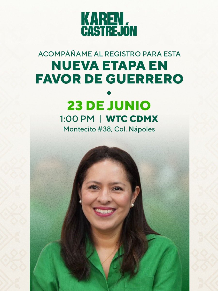 karencastrejont's tweet photo. Amigas y amigos, después de un proceso de reflexión, he decidido registrarme para encabezar los Comités de Transformación en mi querido Guerrero. Dispuesta a representar en este proceso la grandeza de nuestro estado y abrir una nueva etapa para tod@s. Nos estaremos viendo mañana a la 1:00 p.m. en el WTC para el registro 💚
