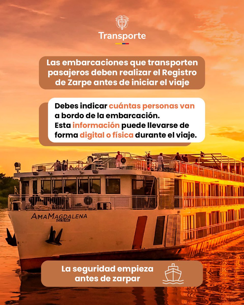 MinTransporteCo's tweet photo. Para realizar el Registro de Zarpe Electrónico, las empresas de transporte fluvial deben estar activadas en el RNF y cumplir con los requisitos establecidos por el Mintransporte.
✅Permiso de operación vigente.
✅Pólizas vigentes.
✅Licencias y permisos vigentes de la tripulación https://t.co/NTBJEQfMmY