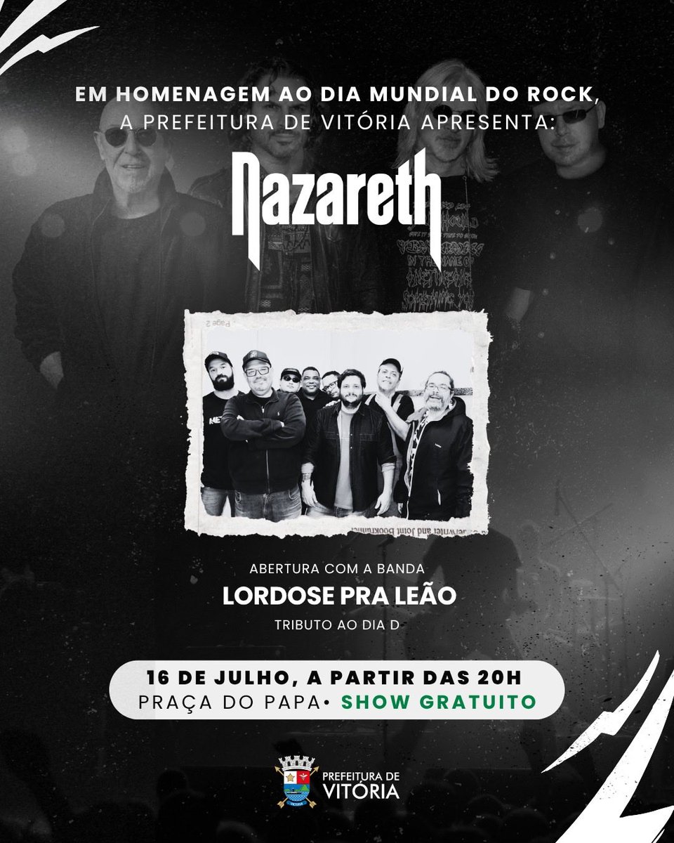 vitoriaonline's tweet photo. 🎸🤘 A lendária banda Nazareth desembarca na nossa capital para uma noite histórica na Praça do Papa. E para aquecer o público, a banda capixaba Lordose Pra Leão sobe ao palco.

📅 16 de julho;
🕗 A partir das 20h;
📍 Praça do Papa;
✅ Entrada gratuita https://t.co/vDh1QDtISt