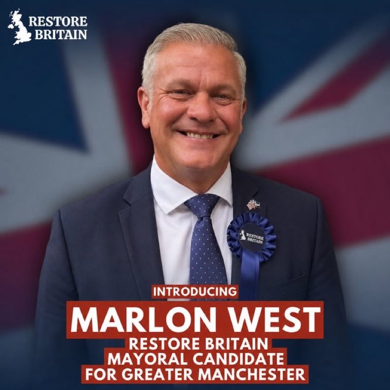 Proudofthisland's tweet photo. 🚨 Fantastic news for Greater Manchester!

Introducing Marlon West - Restore Britain’s strong candidate for the Mayoral Elections! 🇬🇧

A man who actually wants to restore Britain, not wreck it. Professional, positive, and ready to fight for our communities.

This is exactly what we need - real change with real people.

What a fantastic step forward! 💪

#RestoreBritain #MarlonWestForMayor #GreaterManchester