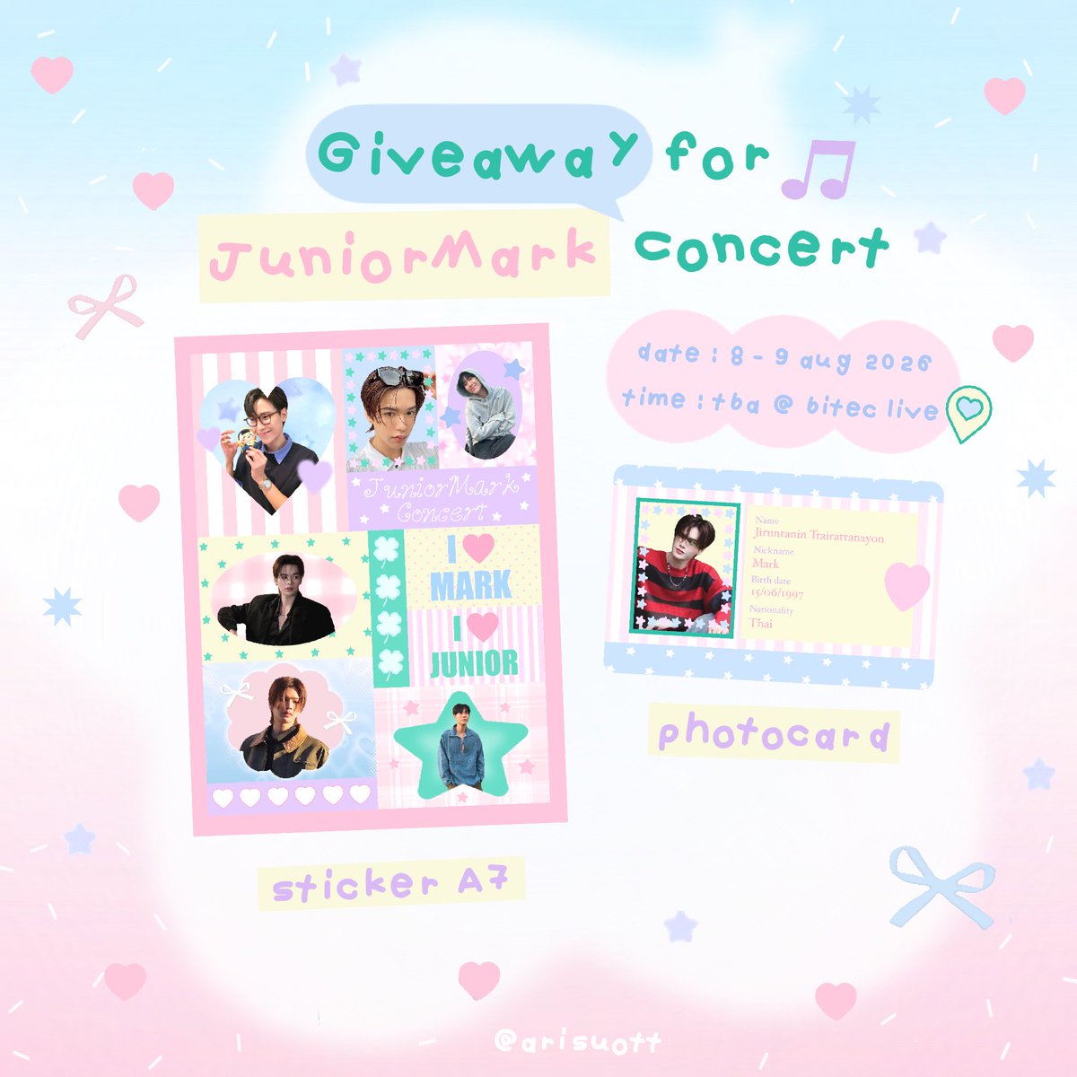 arisuott's tweet photo. ⋆.˚ pls kindly rt 🍵🤲🏻

Giveaway for #JuniorMarkConcert by @arisuott

Date : 8 - 9 aug 2026 , Time : tba , @ Bitec live 🩶

 student card 20 ea ( 🏡 )
 sticker a7 25 ea ( 📧 )

dm for exchange . . 💭⭐️

#JuniorMark https://t.co/IdNTsRMZWQ