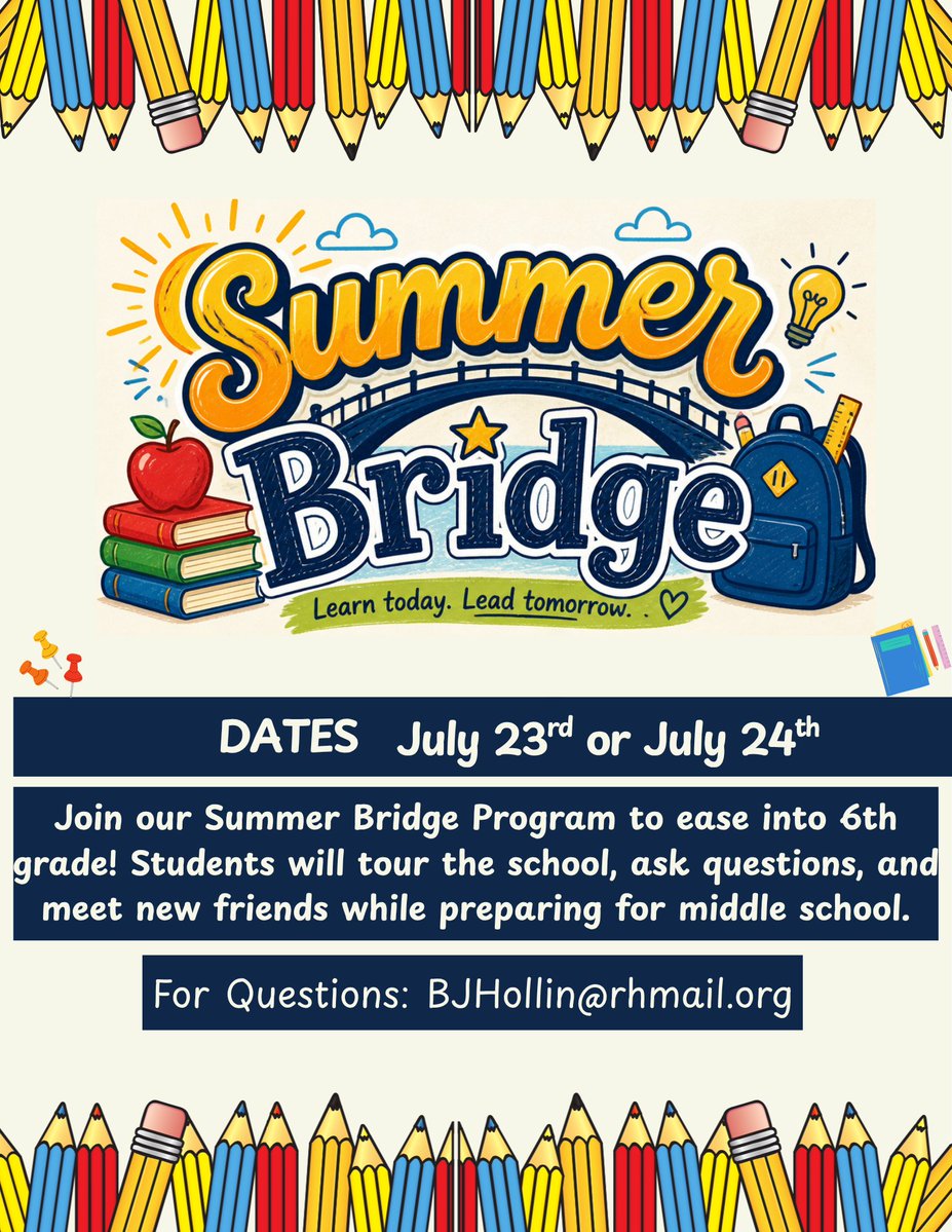 smfalcons's tweet photo. 🦅 Future Falcons! Join us for Summer Bridge and get ready for 6th grade!

📅 July 23 or 24 (attend one day)
⏰ 9 AM–12 PM
📍 Sullivan Gym
Tour the school, ask questions, and meet new friends!
Register: https://t.co/8e5ZsQwpSf

Questions? BJHollins@rhmail.org https://t.co/j5cJ7UK77R