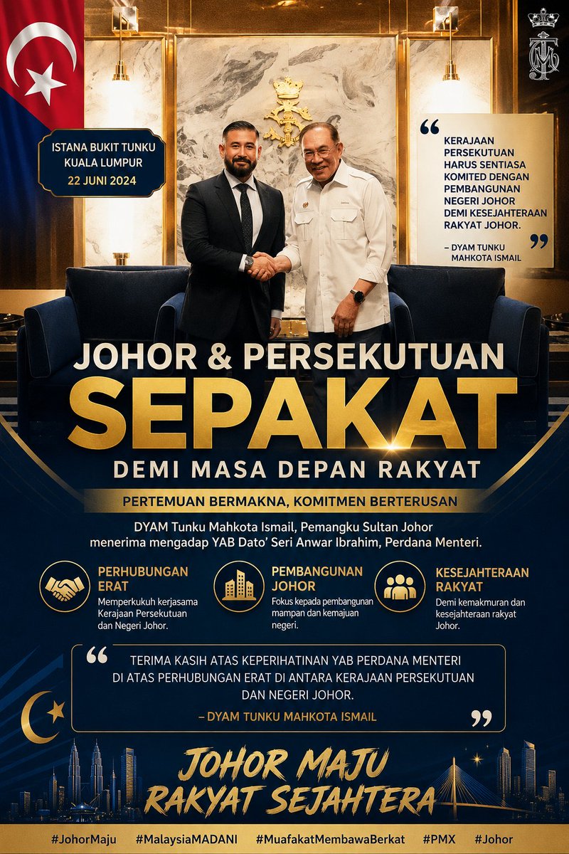adnhsnasr's tweet photo. 🇲🇾🤝👑 Johor &amp; Persekutuan Terus Sepakat

DYAM Tunku Mahkota Ismail, Pemangku Sultan Johor menerima mengadap YAB Dato' Seri Anwar Ibrahim. https://t.co/oeBsYZPDFP