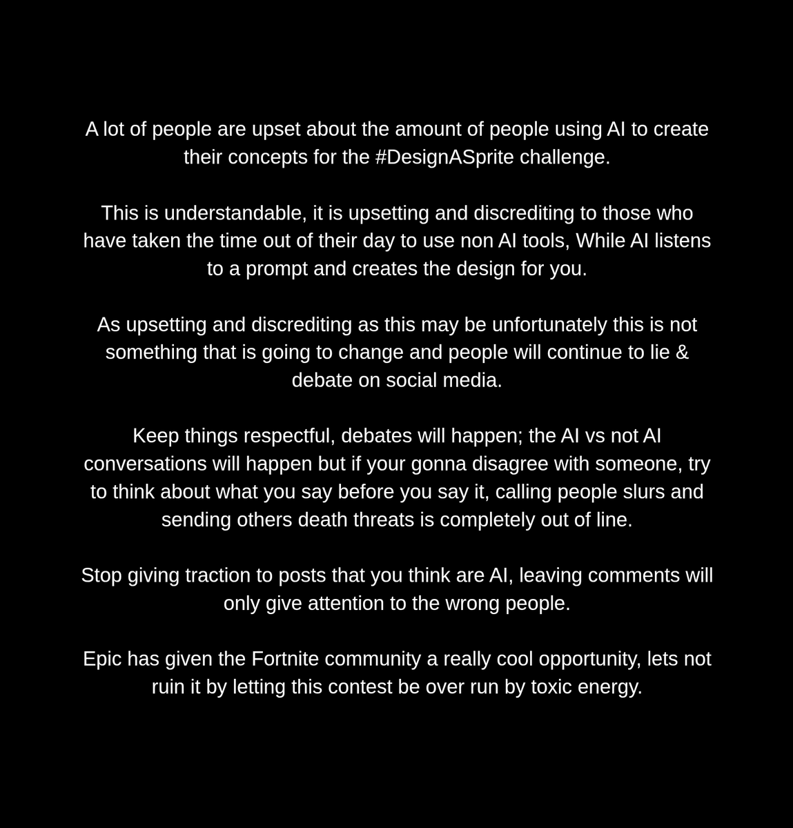 X_AMarriedWoman's tweet photo. @Fortnite I just want to take a moment to address the amount of toxicity happening on social media surrounding the #DesignASprite challenge... https://t.co/vbIzvwUui1