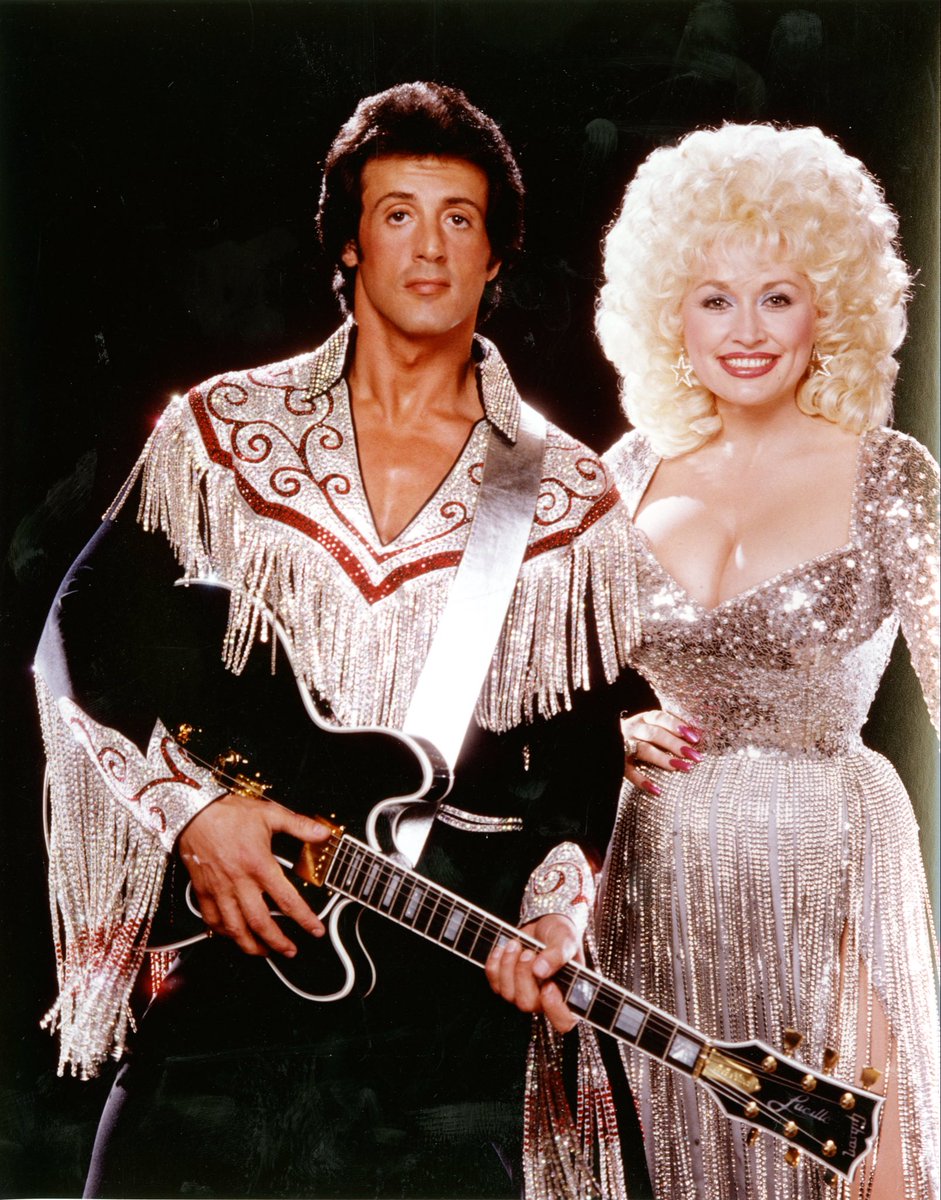 DollyParton's tweet photo. In June 1984, “Rhinestone” with Sylvester Stallone was released. It was one of the best times I’ve had making a movie. 💎🎬 https://t.co/qmVzCDgxG6