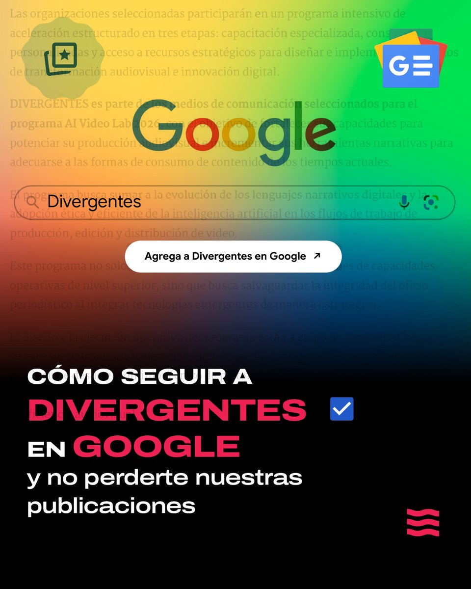 DivergentesCA's tweet photo. #DIVERGENTES 📲 | ¿Querés que nuestras investigaciones aparezcan primero en tus recomendaciones de Google?
Entrá a una nota y seleccioná “Agregar a Divergentes en Google”. 🔗
https://t.co/BQd6yzu1MA https://t.co/nZniDUUeid